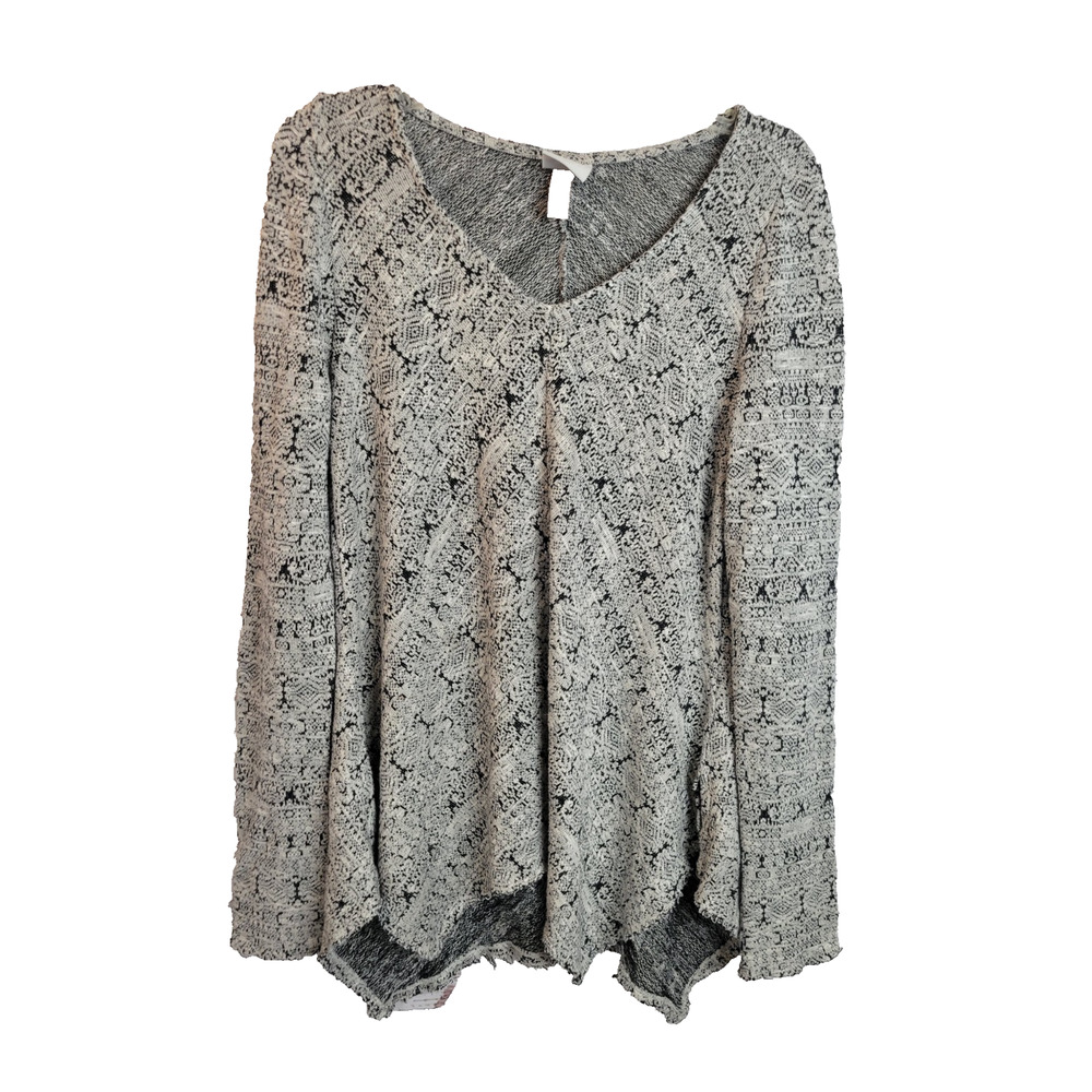 Knox Rose Frayed Hem Pullover Sweater Black Gray V-Neck Raw‎ Women's Size Large